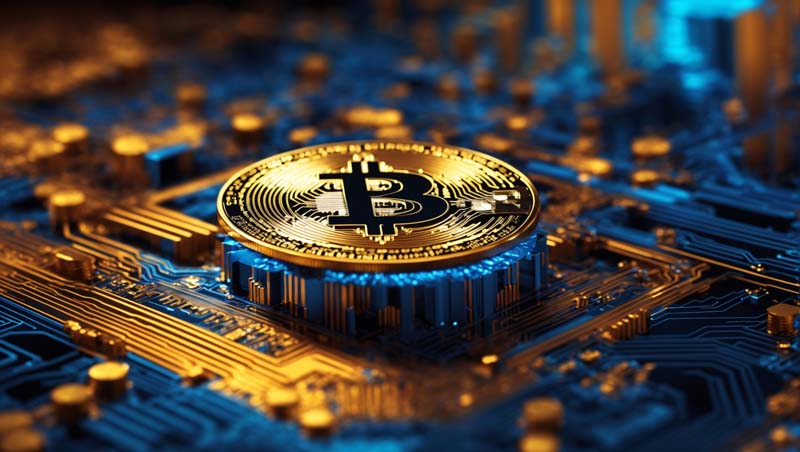 عکس بیت کوین روی مادربرد آبی و طلایی