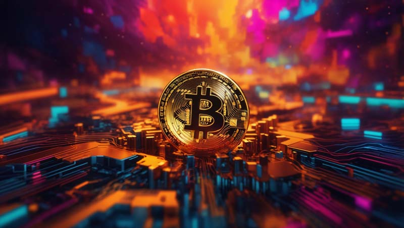 دانلود تصویر بیت کوین ایستاده روی مدار الکترونیکی
