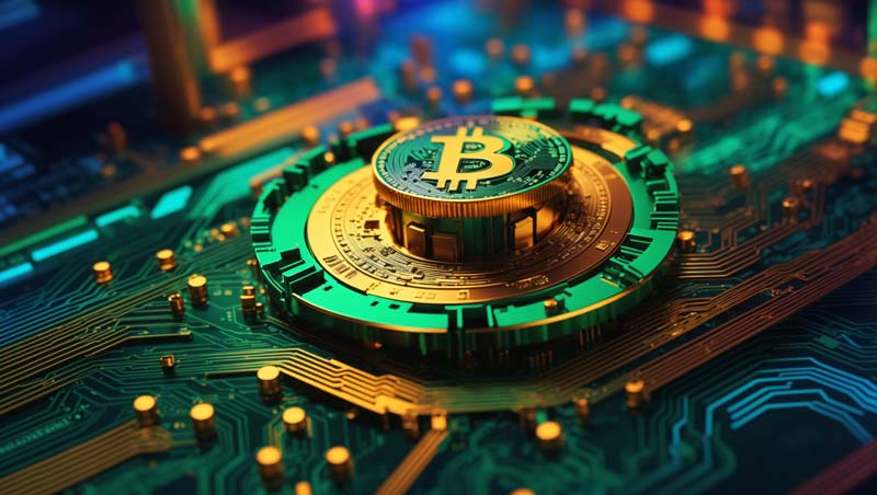 دانلود تصویر بیت کوین سبز روی مدار سبز