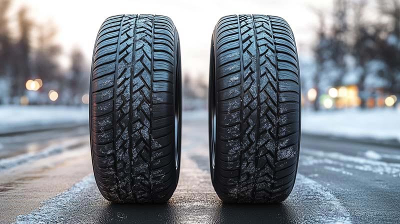 تصویر زیبا از یک جفت تایر در خیابان برفی