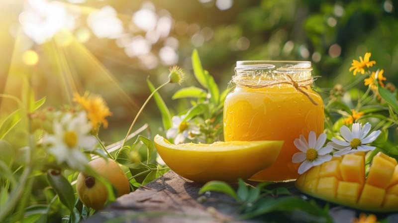 عکس زیبا از شیشه آب انبه کنار گل ها