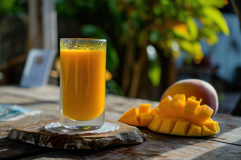 تصویر زیبا از لیوان آب انبه روی میز چوبی