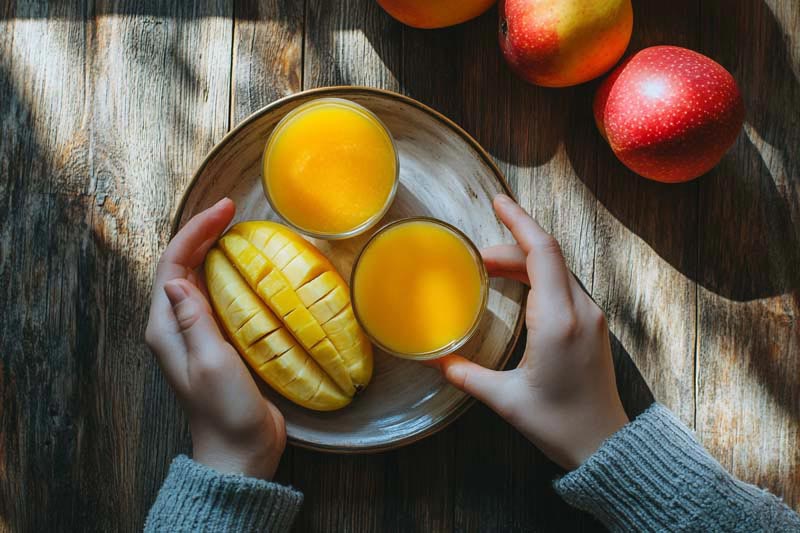 تصویر با کیفیت از دو لیوان آب انبه در سینی