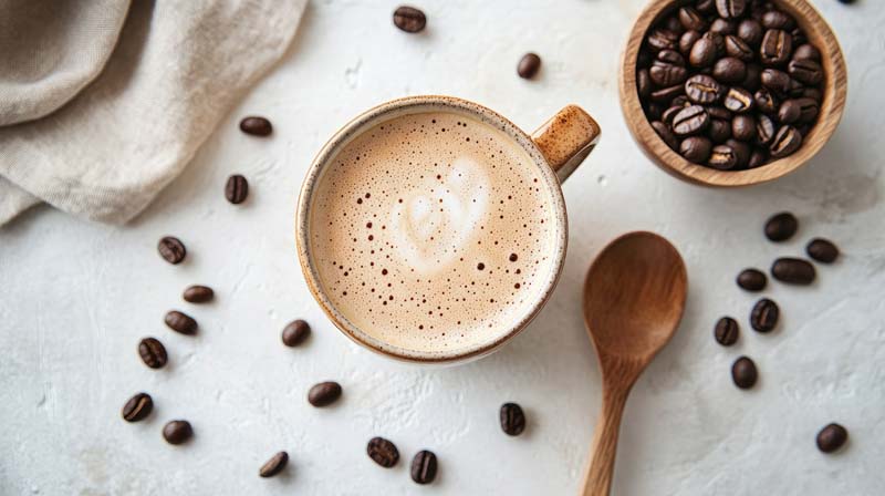 تصویر با کیفیت از فنجان قهوه و قاشق چوبی