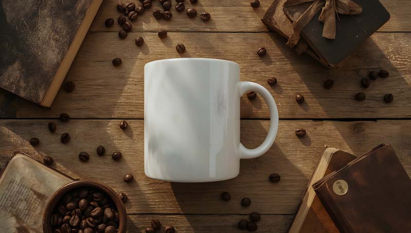 عکس زیبا از فنجان و قهوه ها روی میز چوبی