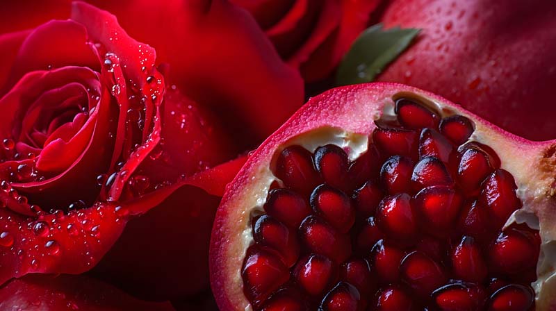 تصویر بسیار زیبای انار در کنار گل رز