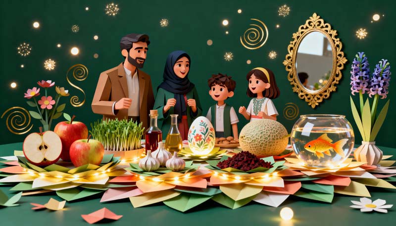 تصویر گرافیکی سفره هفت سین سبز رنگ خانوادگی