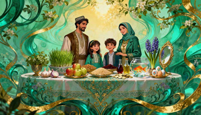 دانلود عکس گرافیکی سفره عید نوروز سبز کنار خانواده