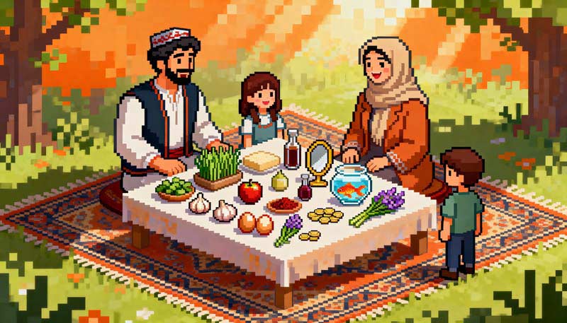 دانلود عکس گرافیکی سفره عید نوروز خانوادگی کارتونی در باغ