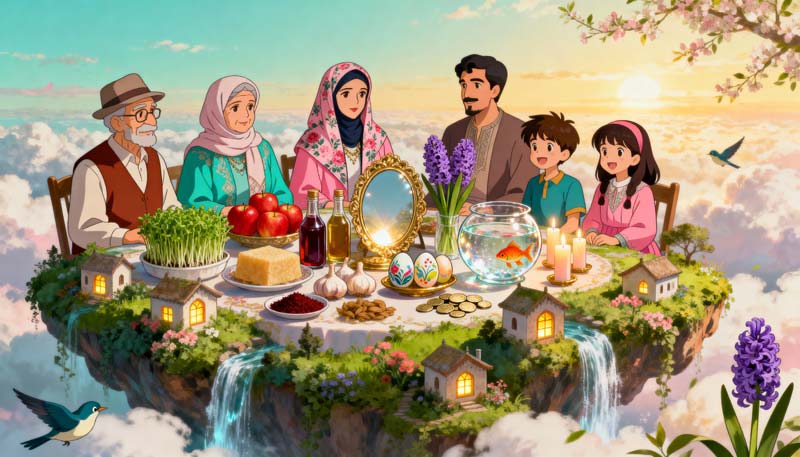 عکس گرافیکی سفره هفت سین کنار خانواده