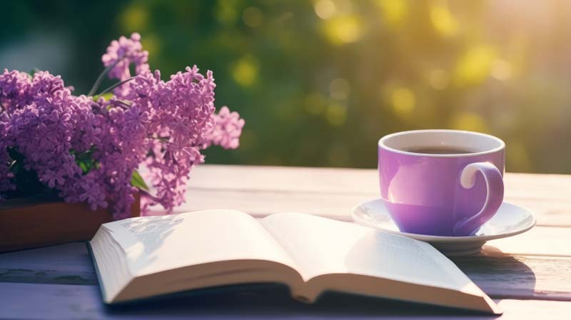 تصویر لارج فرمت از کتاب و لیوان قهوه و گل بنفش