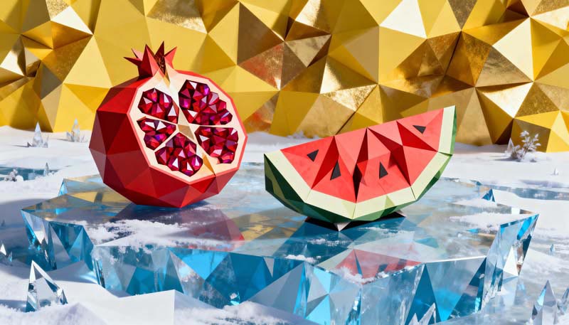 دانلود عکس فانتزی انار و هندوانه قاچ شده روی یخ