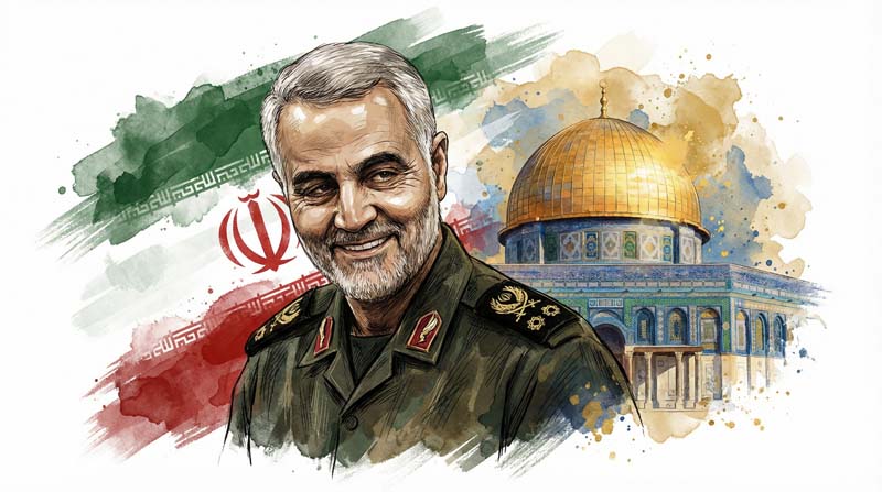 دانلود تصویر باکیفیت سپهبد سلیمانی و پرچم ایران و قدس