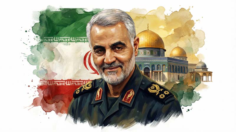 دانلود تصویر باکیفیت قاسم سلیمانی و پرچم ایران و مسجد الاقصی
