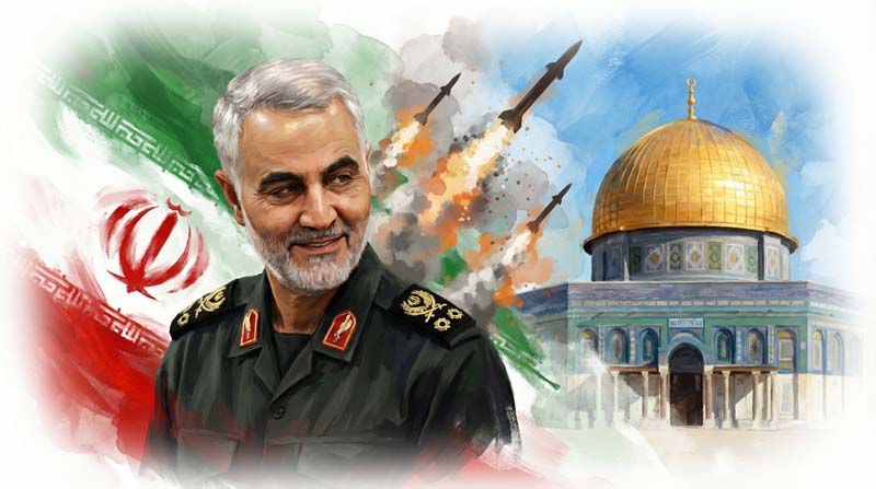 تصویر قاسم سلیمانی و پرچم ایران و بیت المقدس و موشک