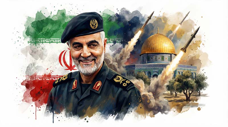 تصویر قاسم سلیمانی و پرچم ایران و مسجد الاقصی و موشک