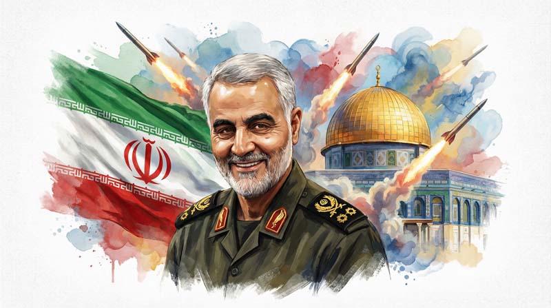 تصویر قاسم سلیمانی و پرچم ایران و بیت المقدس و موشک جنگی