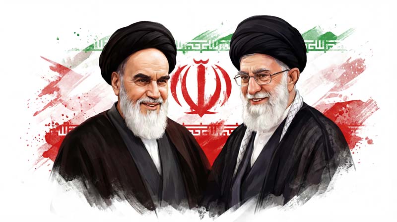 تصویر آیت الله خمینی و آیت الله خامنه ای و پرچم ایران