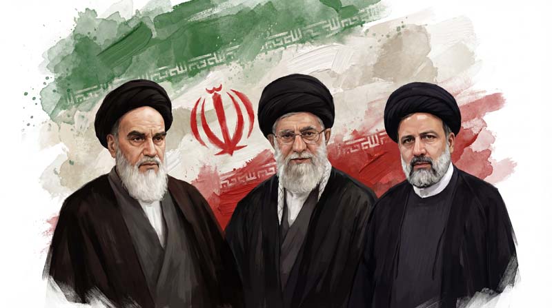 تصویر حضرت خمینی و حضرت خامنه ای و ابراهیم رئیسی و پرچم ایران