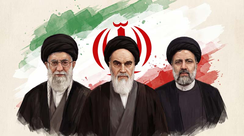 تصویر امام خمینی و امام خامنه ای و ابراهیم رئیسی و پرچم ایران