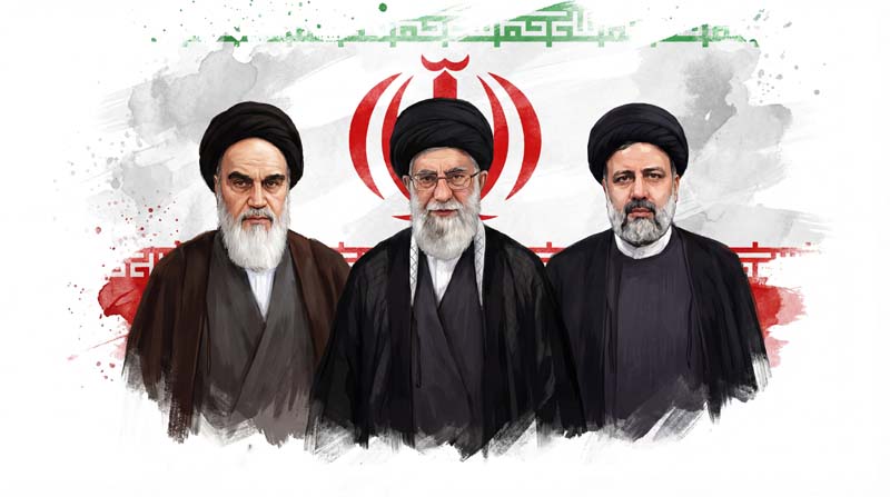 تصویر امام خمینی و امام خامنه ای و ابراهیم رئیسی با پرچم ایران
