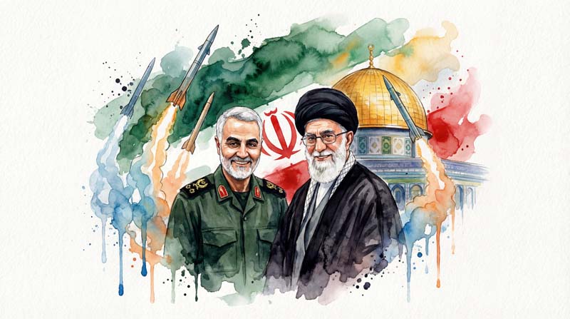 تصویر رهبری و سرلشکر سلیمانی و قدس با پرچم ایران و موشک