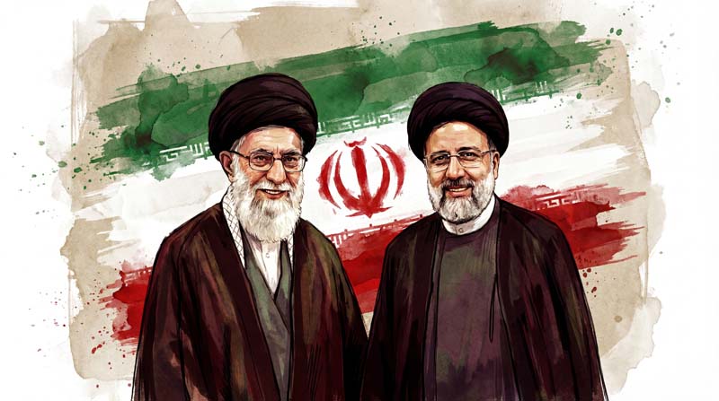 تصویر نقاشی شهید رئیسی و امام خامنه ای با پرچم ایران