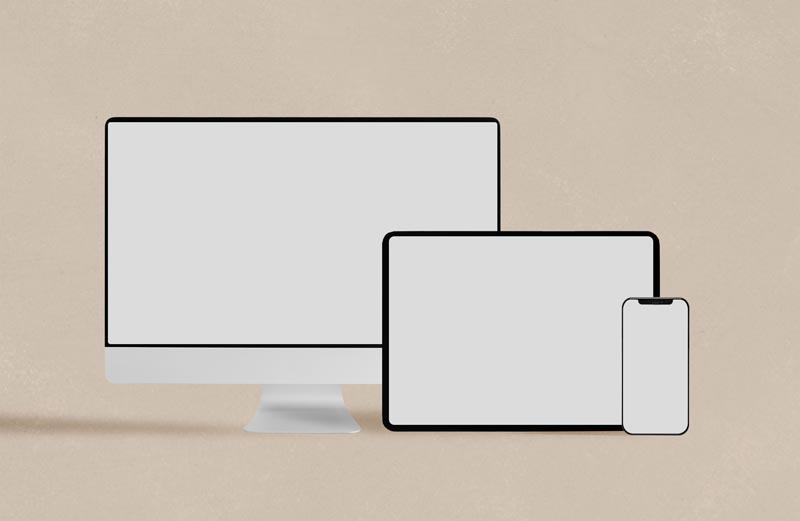 طرح لایه باز موکاپ مانیتور با موبایل و تبلت