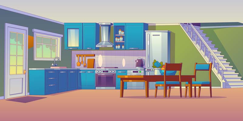 دانلود طرح لایه باز آشپزخانه با کابینت رنگی
