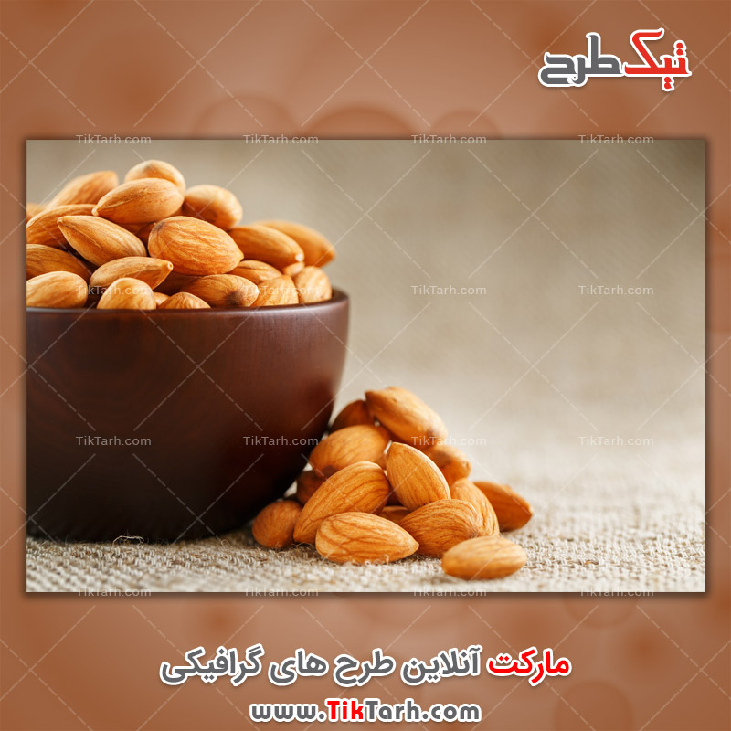 تصویر با کیفیت ظرف چوبی و مغز بادام