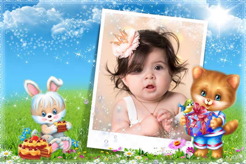 قاب عکس لایه باز کودکانه تولد خرگوش و گربه