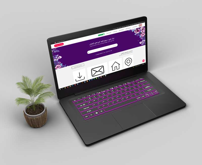 دانلود طرح موکاپ لپ تاپ کنار گلدان