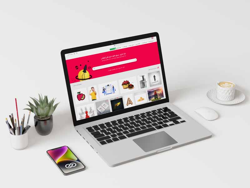 طرح موکاپ لپ تاپ و فنجان با نعلبکی