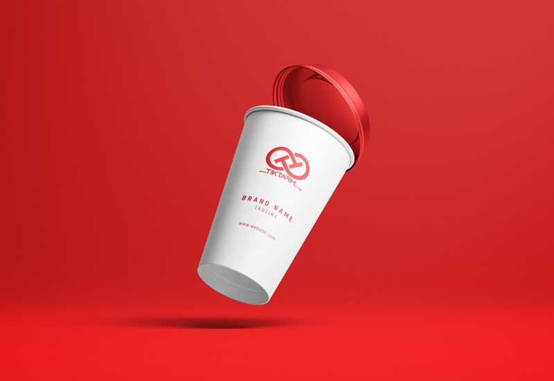 موکاپ لیوان کاغذی سفید درب قرمز