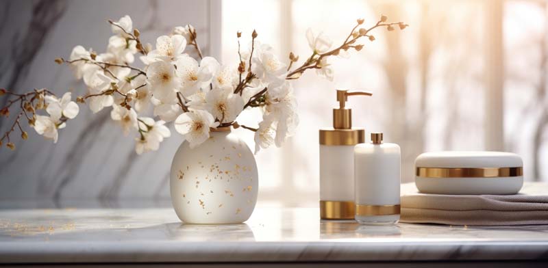 عکس با کیفیت مایع دستشویی و گلدان شیشه ای
